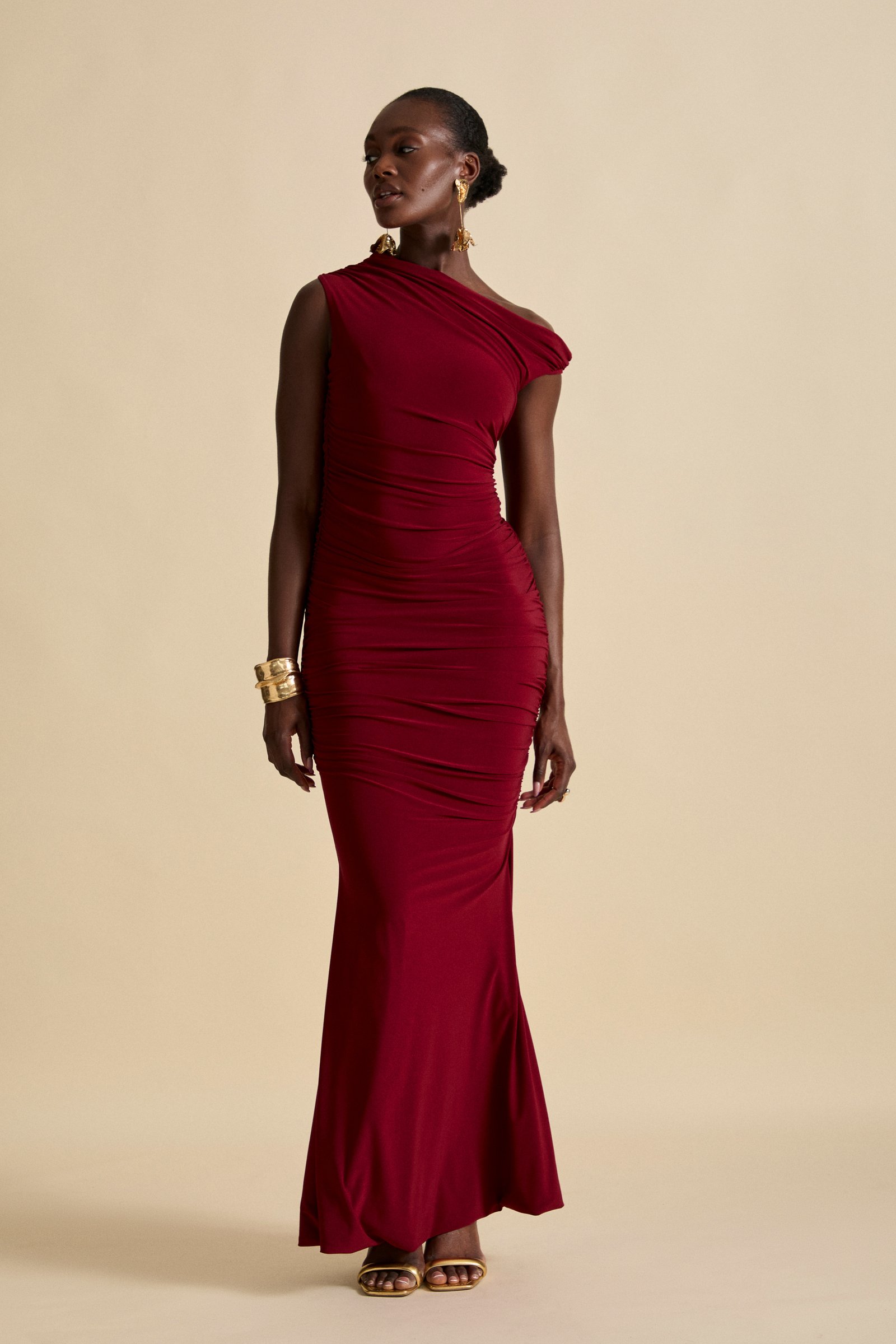 DAHLIA RUCHED ONE SHOULDER MAXI DRESS - Rumba Red