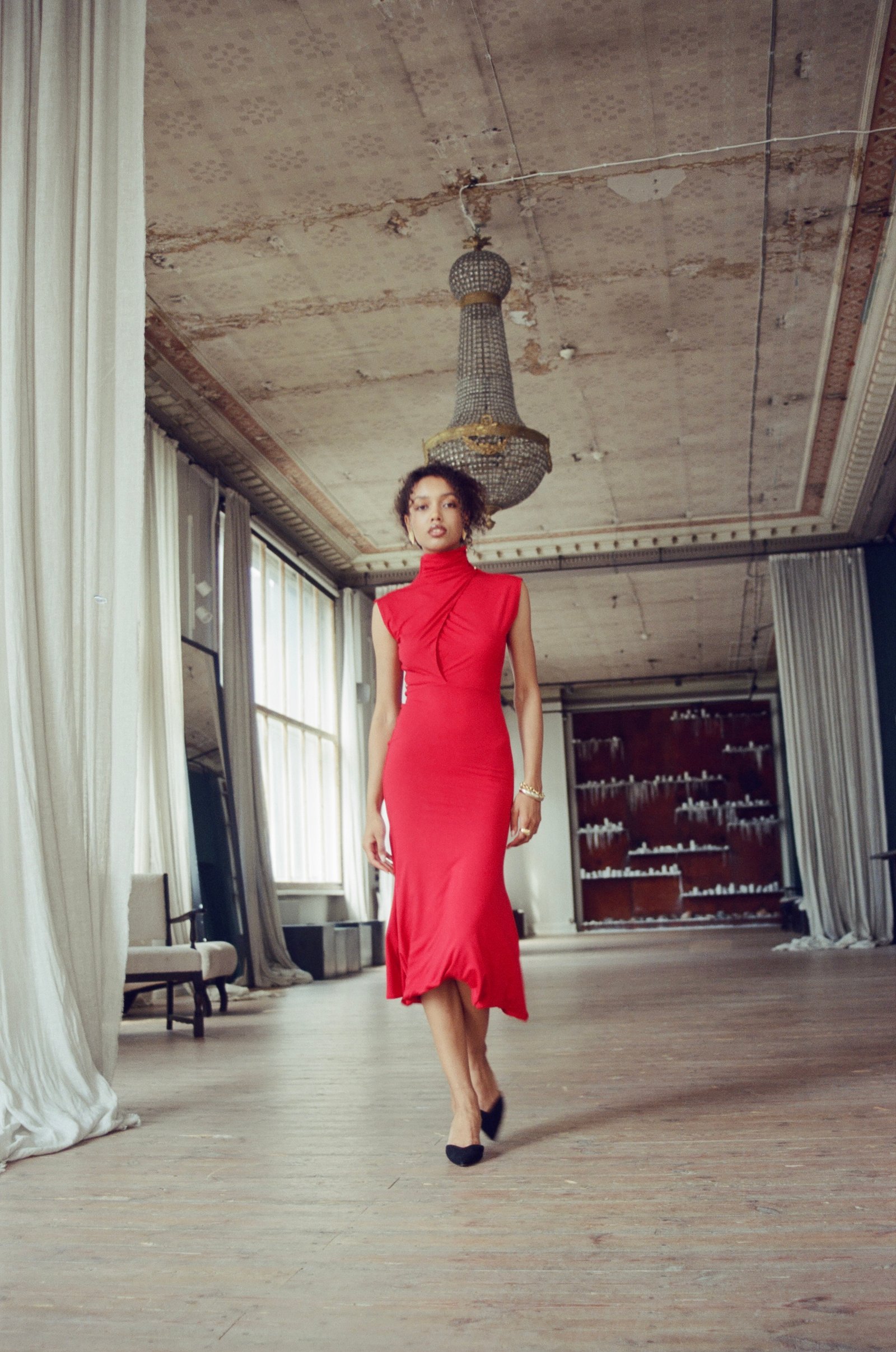 ADARA HIGH NECK WRAP MIDI DRESS